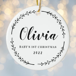 De eerste kerstfoto van de moderne Rustic Wreath B Keramisch Ornament