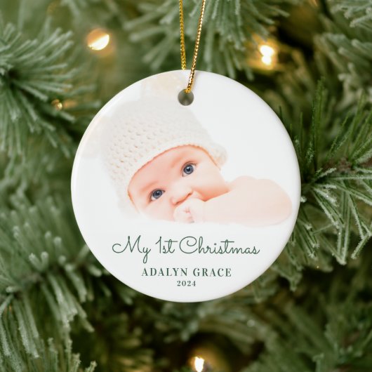 De eerste kerstfoto van Elegant Script Baby: Ceram Keramisch Ornament (Boom)