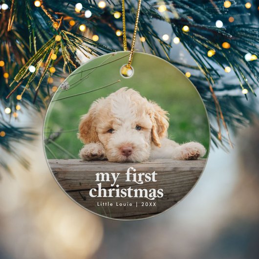 De eerste kerstfoto van Modern Dog Keramisch Ornament