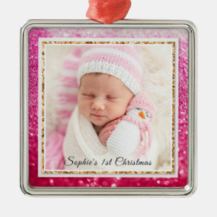 De eerste kerstman Paarse foto van baby's Metalen Ornament
