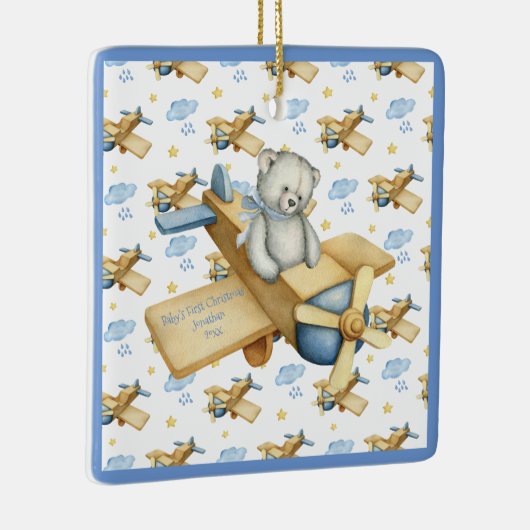 De eerste Kerstmis van baby personaliseert Blauwe Keramisch Ornament (Rechts)