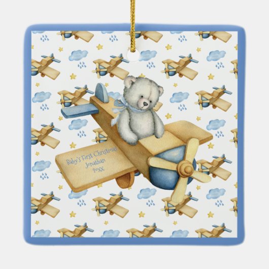 De eerste Kerstmis van baby personaliseert Blauwe Keramisch Ornament (Achterkant)