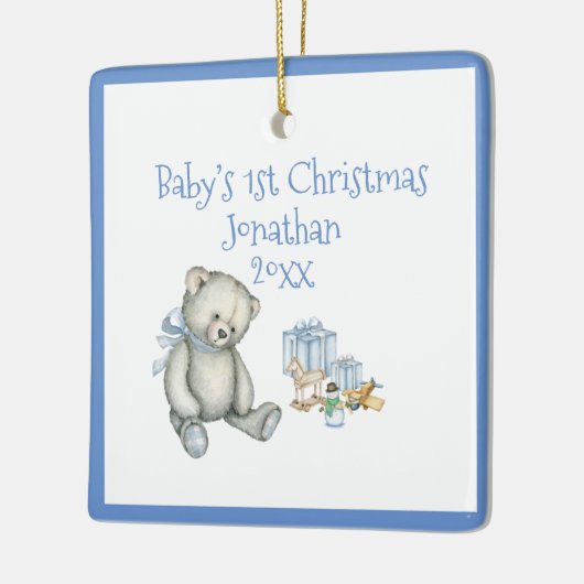 De eerste Kerstmis van baby personaliseert Blauwe  Keramisch Ornament (Links)