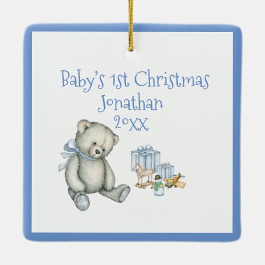 De eerste Kerstmis van baby personaliseert Blauwe  Keramisch Ornament (Achterkant)