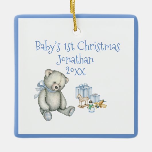 De eerste Kerstmis van baby personaliseert Blauwe  Keramisch Ornament (Voorkant)