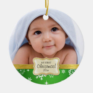 De eerste Kerstmis van de baby. Witte en groene sn Keramisch Ornament