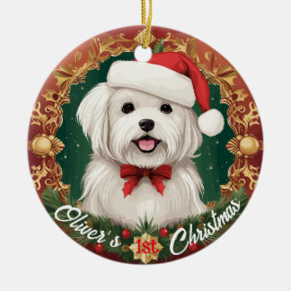 De eerste Kerstmis van de Maltese Hond Keramisch Ornament