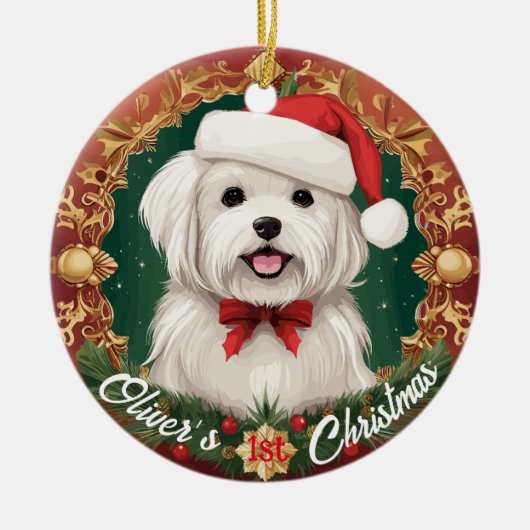 De eerste Kerstmis van de Maltese Hond Keramisch Ornament (Voorkant)