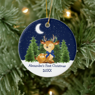 De eerste kerstWaterverf van baby Deer Blue Bow Keramisch Ornament