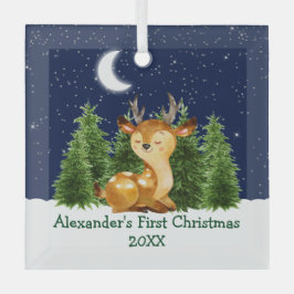 De eerste kerstWaterverf van baby Deer Forest Sky Glas Ornament