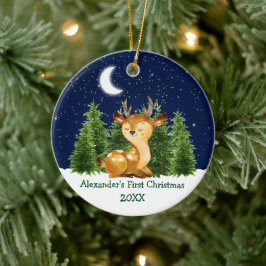 De eerste kerstWaterverf van baby Deer Forest Sky Keramisch Ornament
