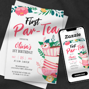 De eerste Par-Tea! Roze Bloemen Tea Party Verjaard Kaart