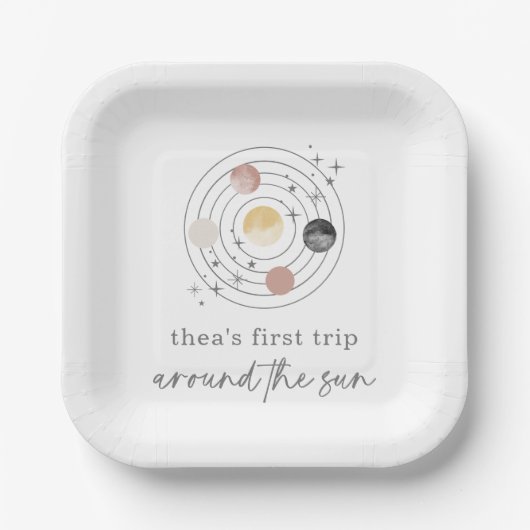 De eerste reis rond de zonneruimte papieren bordje (Voorkant)
