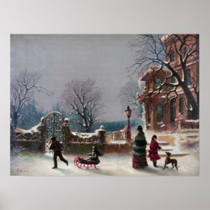 De eerste sneeuwkerstscène Archivering Poster