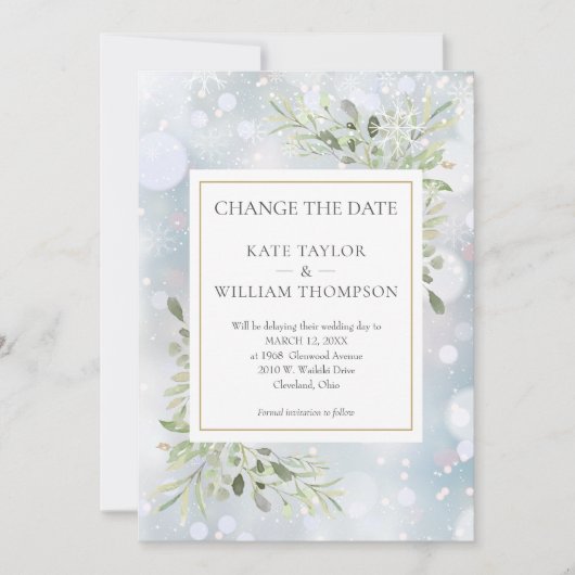 De eerste Snowflakes veranderen de Datum Greenery  Save The Date (Voorkant)