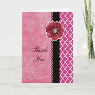 De elegante Hete Roze Zwarte Bloem Quatrefoil Bedankkaart