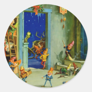 De elven van de kerstman in zijn werkplaats op ker ronde sticker