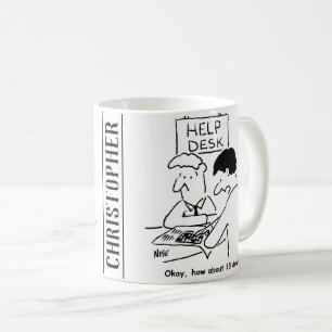 De enthousiast van het sleutelwoord vraagt bij een koffiemok
