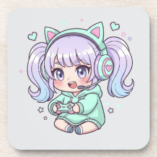 De enthousiaste Chibi Gamer Girl Bier Onderzetter