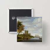 De estuarium met een kasteel vierkante button 5,1 cm (Voorkant /achterkant)