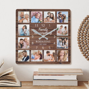 De familie is alles citeert Foto Collage Rustic Vierkante Klok