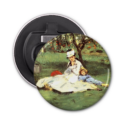 De familie Monet in hun tuin Edouard Manet Button Flesopener (Voorkant)