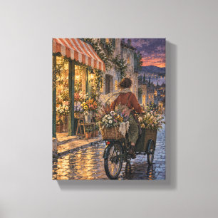 De Fiets van de Bloemist bij Schemering - Sprookje Canvas Afdruk