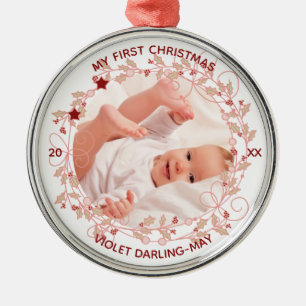 De Foto van Eerste Kerstmis van het baby - de Roze Metalen Ornament