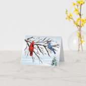 De geai cardinal d'hiver carte de note rouge et (Fleur jaune)