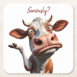 De Gekke Koe - "Serieus?" Grappig offerte ontwerp Vierkante Kartonnen Onderzetter
