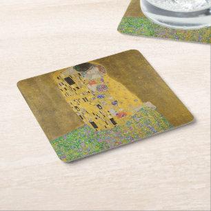 De Geliefden Kust Elkaar by Gustav Klimt Vierkante Kartonnen Onderzetter