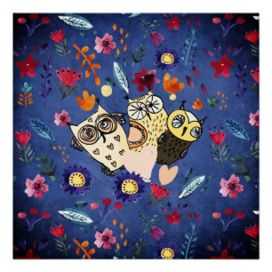 De gelukkige vogelvogelfamilie in de bloementuin perfect poster