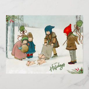 De Gelukzaligheid van de Winter, Vintage  Folie Feestdagen Briefkaart