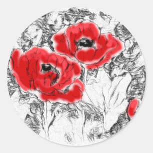 De geschetste bloemen van penhand getrokken rode ronde sticker