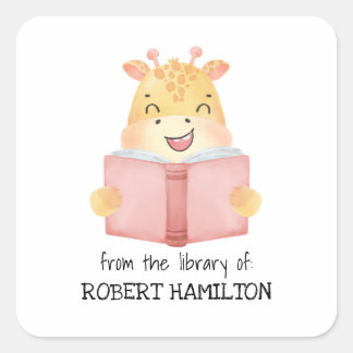 DE GIRAFFE VAN DE CUTE WATERVERF LEZEN BOEKPLAAT V VIERKANTE STICKER