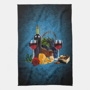 De glazen van de wijn, fles, druiven, kaas, theedoek