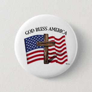 De GOD ZEGENT AMERIKA met ruw kruis & de vlag van  Ronde Button 5,7 Cm