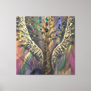 De goddelijke levensboom hemelse vleugels en juwel canvas afdruk