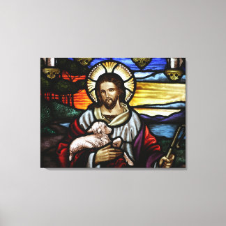 De Good Shepherd; Jezus op gekleurd glas Canvas Afdruk