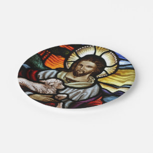 De Good Shepherd; Jezus op gekleurd glas Papieren Bordje