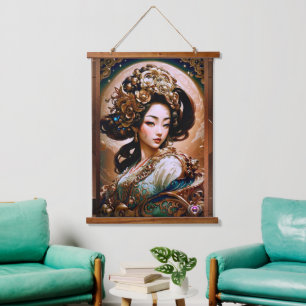 De Gouden Draak Geisha Meisje AI Kunst door Xzendo Hangend Wandkleed