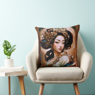 De Gouden Draak Geisha Meisje AI Kunst door Xzendo Kussen