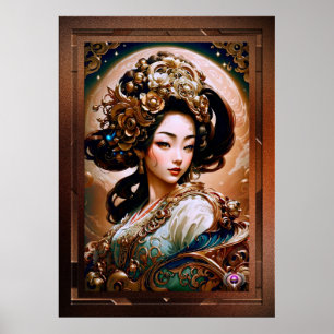 De Gouden Draak Geisha Meisje AI Kunst van Xzendor Poster
