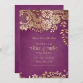 De gouden paarse elegante lace bruiloft met uitzon save the date (Voorkant / Achterkant)
