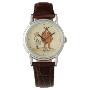 De grappige Cartoon Paardenvrouw werkt voor Hay Horloge
