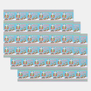 De grappige kerstkerstkerstman die door de sneeuw  inpakpapier vel