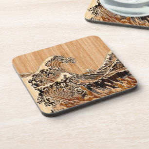 De Great Hokusai Wave Bamboo Wood Grain Style Onderzetter