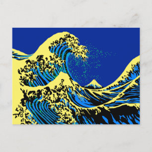 De Great Hokusai Wave in Blue Yellow Pop Style Briefkaart