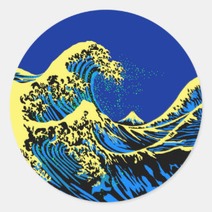 De Great Hokusai Wave in Blue Yellow Pop Style Ronde Sticker