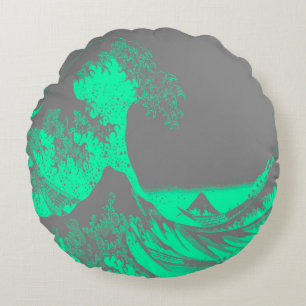De Great Wave Seafoam Green & Grey rond kussen